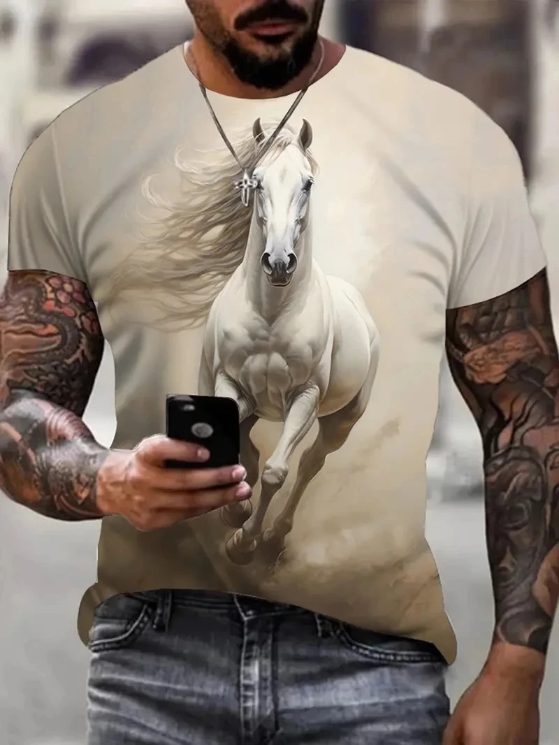 Black White Horse Graphic 3d Full Print T-shirt For Men Fashion