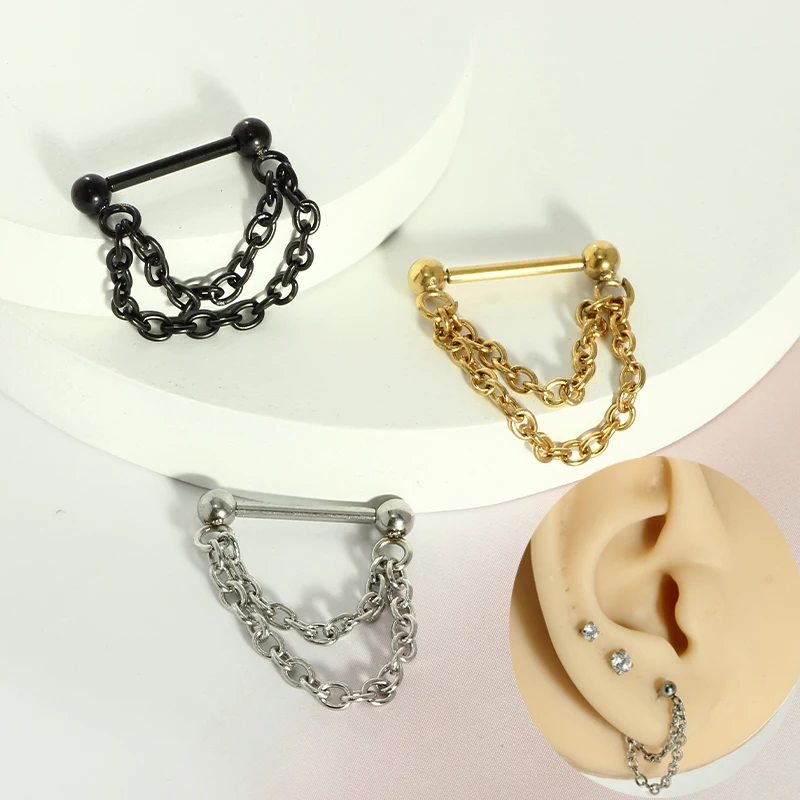 1pcs Black steel chain nose ring with stainless steel puncture 16G European and American punk style fashion jewelry