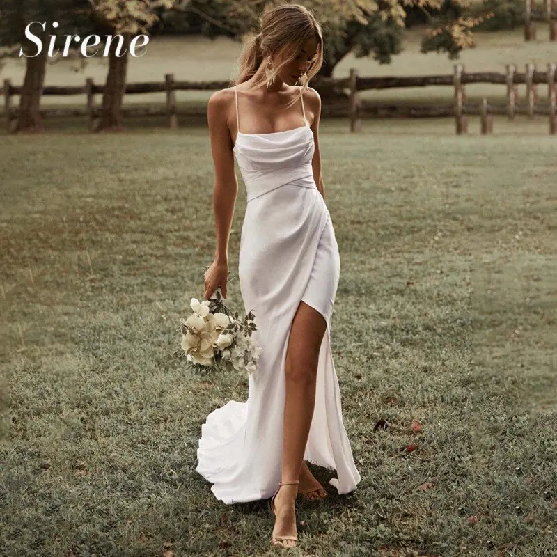 

Elegant Mermaid Wedding Dress White Satin Spaghetti Straps Side Split Backless Pleat Bridal Gowns Floor Length Vestidos De Novia