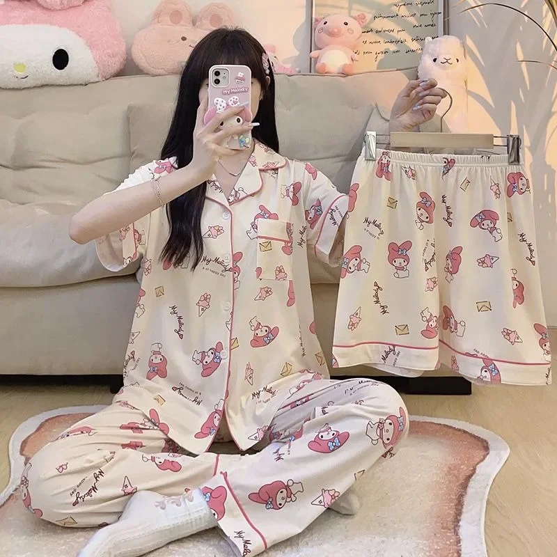 

Новая Пижама с героями мультфильмов sanrio Kuromi для женщин, милая Домашняя одежда из трех частей с коротким рукавом в стиле ins для весны, осени и лета