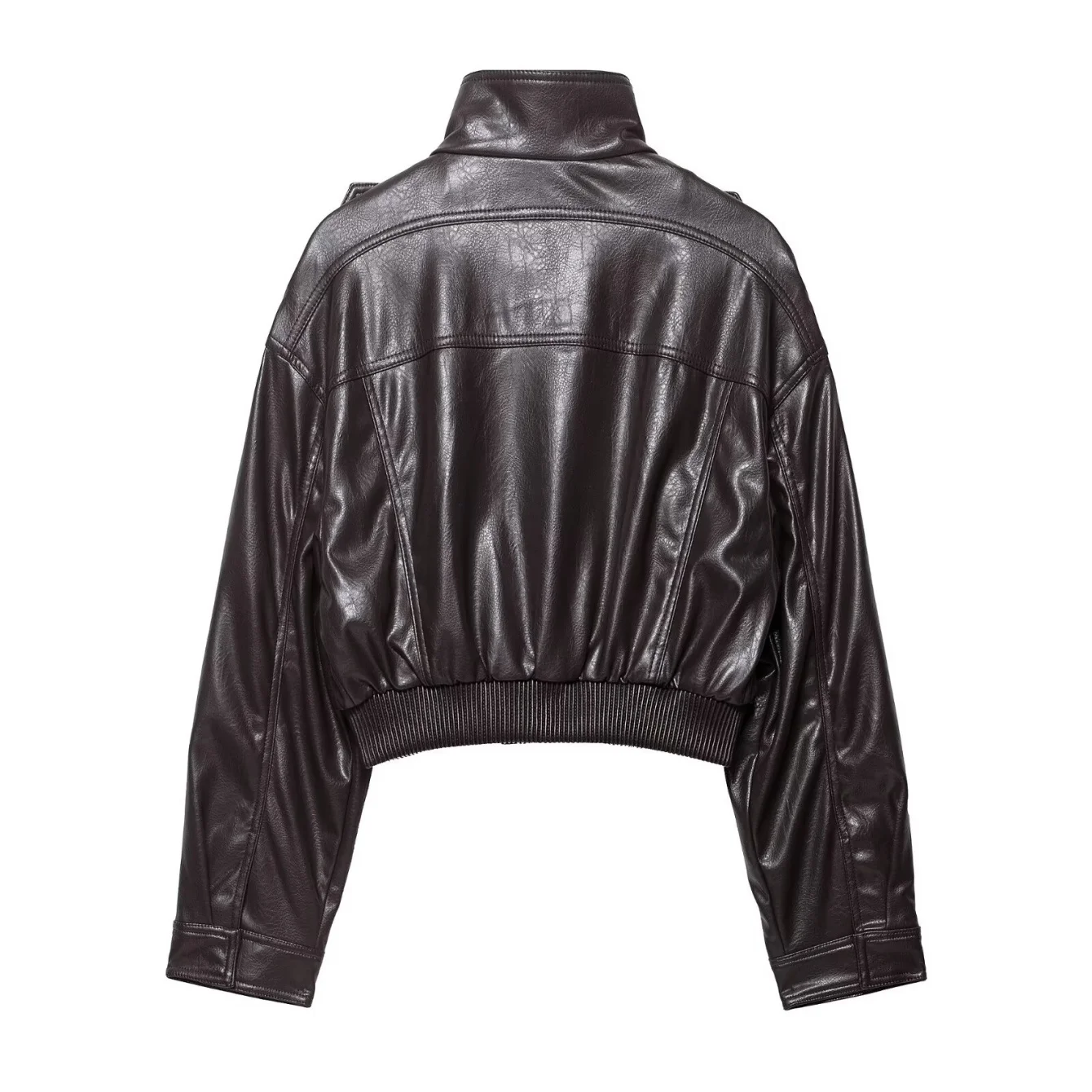 Women's Large Pockets Leather Shortjacket Coat Turn-Down Collar Long Sleeve Zipper Coats Autumn Winter Ladies Casual Streetwear