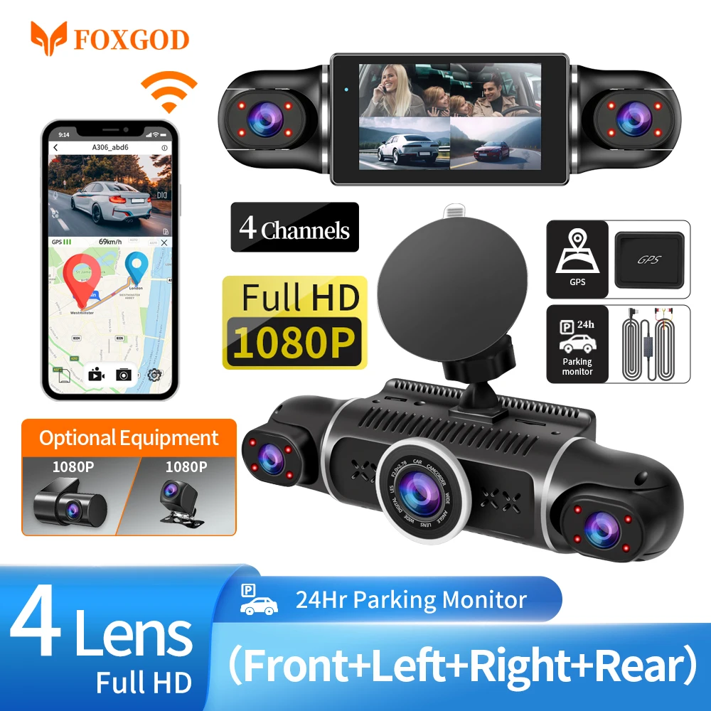 

Car DVR Dash Cam WiFi GPS 24Hr Parking Monitor 4Lens FHD 4*1080P Loop Recording G-Sensor Video Recorder Night Vision Black Box