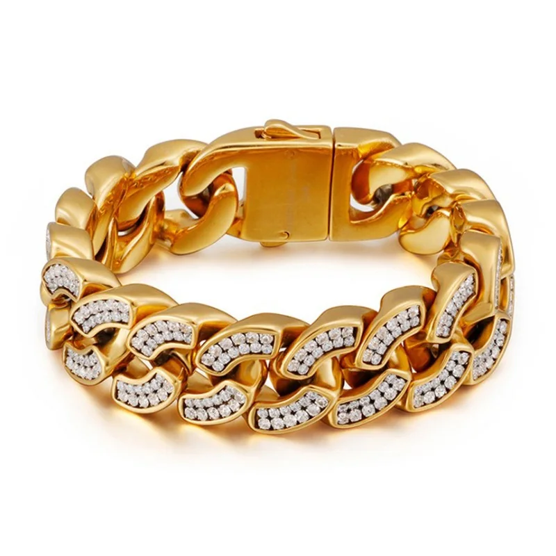 20Mm Heavy Punk 18K Color Oro Curb Catena Cubana Bracciali Uomo Donna Hiphop Acciaio Inossidabile Moda Cz Zircone Braccialetto Gioielli