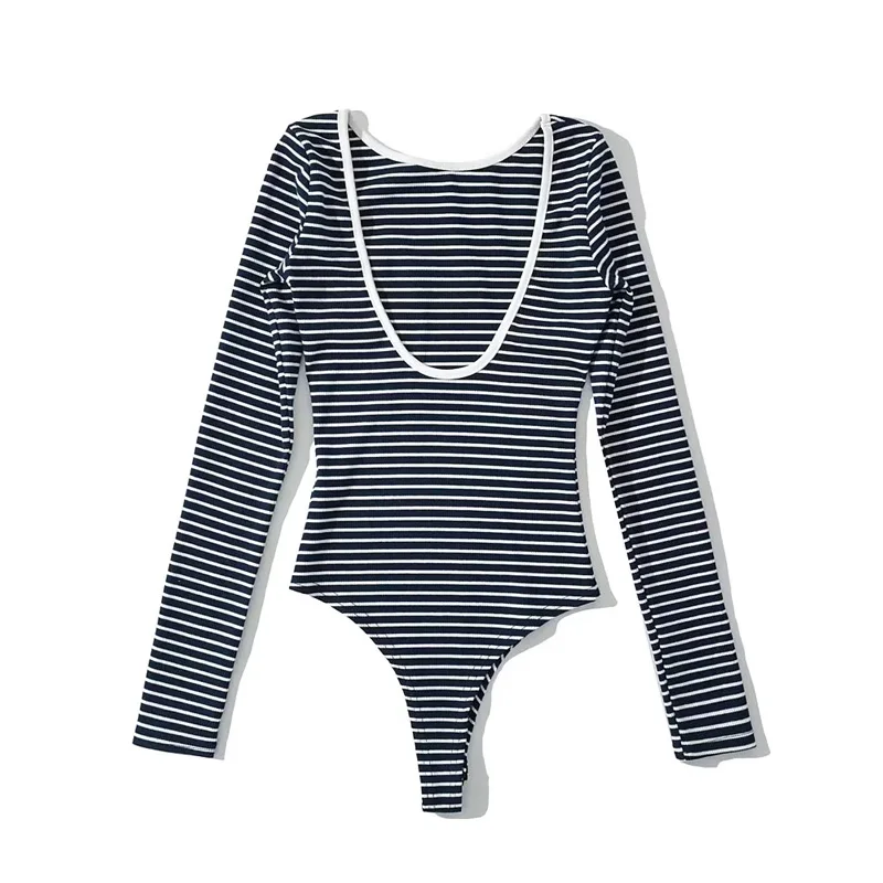 Women Cotton Low Back Long Sleeve Black And White Striped Bodysuit