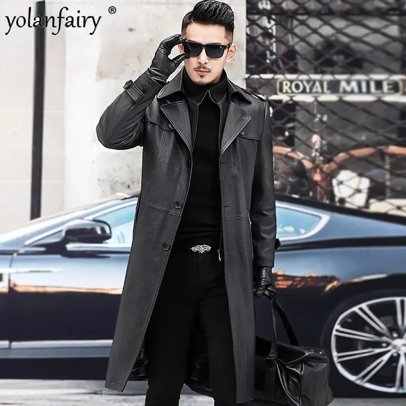 

Genuine Leather Jacket Men's Clothing Eco-leather Coat Men Top Layer Cowhide Windbreaker Long Over Knee Plush Trend Jackets
