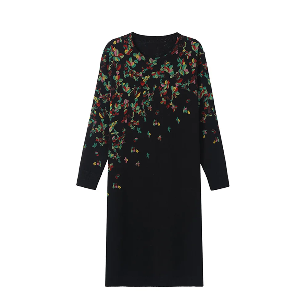 

XJXKS Loose Oversize Women's Printed Dress 2024 Spring, Fall And Winter New Wool Knit Long Sweater Women's Round Neck Pullover