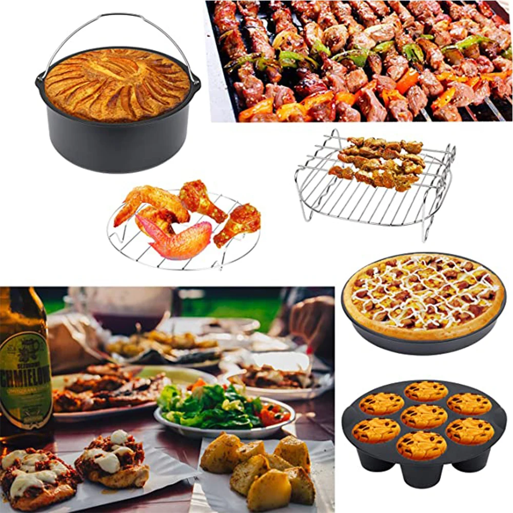 6pcs 9pcs AirFryer Accessories Set 8inch Fit for 5.5L Airfryer Baking Basket  Pizza Plate Grill