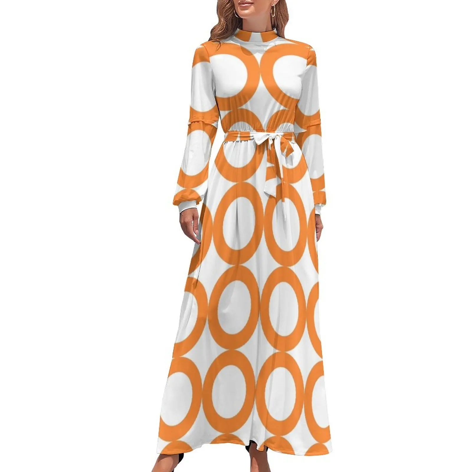 thumbnail image 1 of Vestido largo de verano con diseño circular naranja y blanco, vestidos de playa, vestidos de verano, ropa vintage de verano, 1 of 5