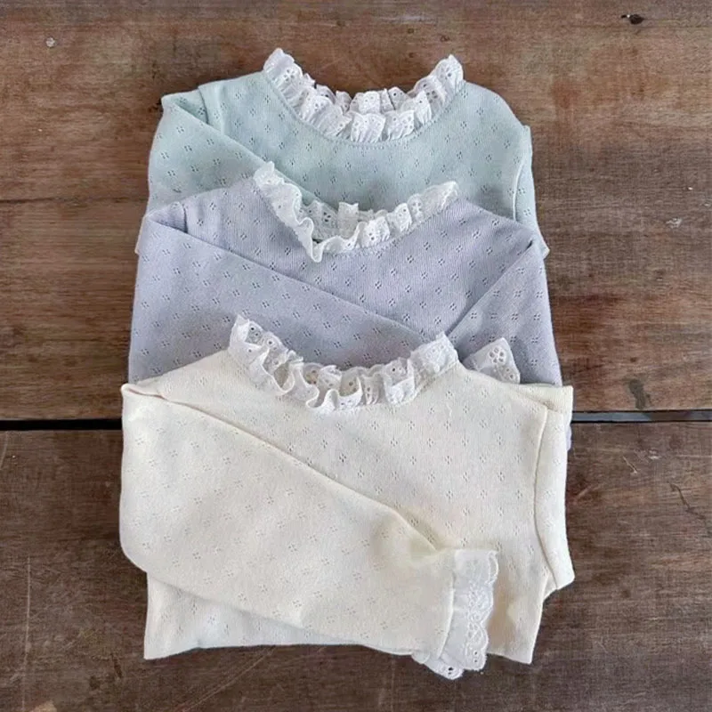 

2023 Autumn Candy Color Baby Girls T-Shirt Lace Up Collar Cotton Kids Long Sleeve Bottoming Tee Shirt Girls Hollow Out Tops