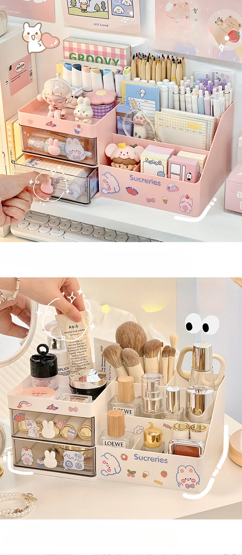 Description Picture 4 of itemDesktop Cosmetic Storage Box Organizer Drawer Office Storage Rack Stationery Desk Pen Holder Bunny Drawer Organizer Cute Kawaii