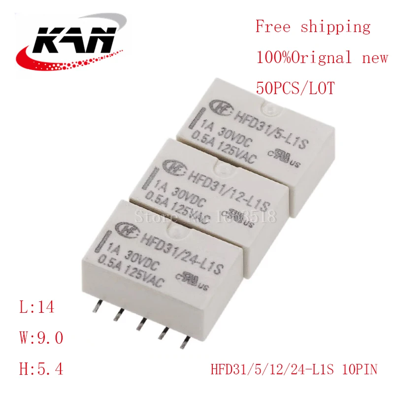 

Free shipping 50pcs relay HFD31-5-L1S HFD31-12-L1S HFD31-24-L1S 5VDC 12VDC 24VDC 1A 250VAC 10PIN Original New