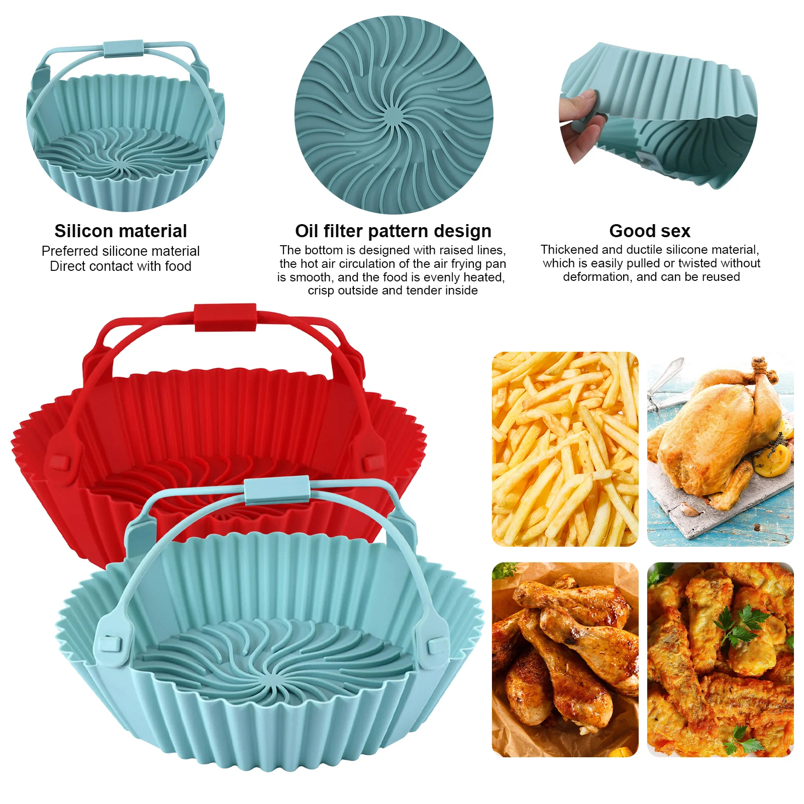 Reusable Air Fryer Baking Tray Silicone Airfryer Liner Oven Mat with Handle Basket Pizza Fried Chicken Grill Pan Mat For Kitchen