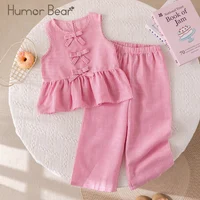 Humor Bear-Costumes d'été pour filles, ensemble deux pièces rose à rayures verticales, nœud en fibre, haut + pantalon, vêtements doux pour enfants 1
