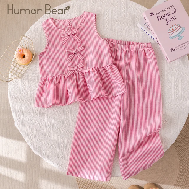 Humor Bear-Costumes d'été pour filles, ensemble deux pièces rose à rayures verticales, nœud en fibre, haut + pantalon, vêtements doux pour enfants 1