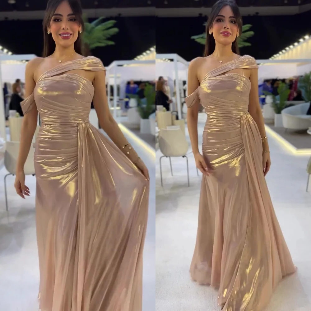 

Sparkle Off-the-shoulder Sheath Sweep/Brush Evening Dresses Shirred Satin Formal Occasion Gown vestidos para ocasiões formais