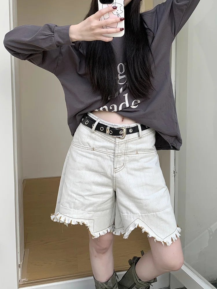 

Slergiri Frayed Hem irregular Design Denim Shorts Women Summer Y2k Streetwear High Waisted Loose Wide Leg Bermuda Shorts