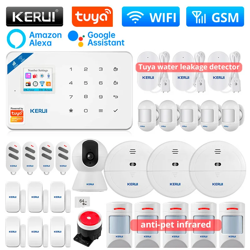 

KERUI W181 Alarm System Home Kit WIFI GSM Tuya Smart Support Alexa Anti-pet Motion Sensor Door Sensor Water Leakage Detector