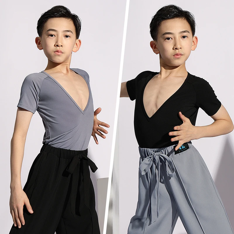Boys Latin Dance Tops Children Sexy V-Neck Shirts Kids Rumba Ballroom Tango Practice Competition Stage Performance Costumes