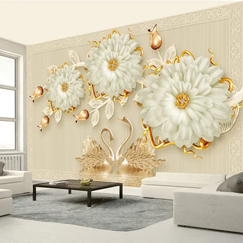 European Style Luxury 3D Jewelry Flowers Swan Mural Wallpaper Living Room TV Sofa Background Wall Covering Decor Papel De Parede