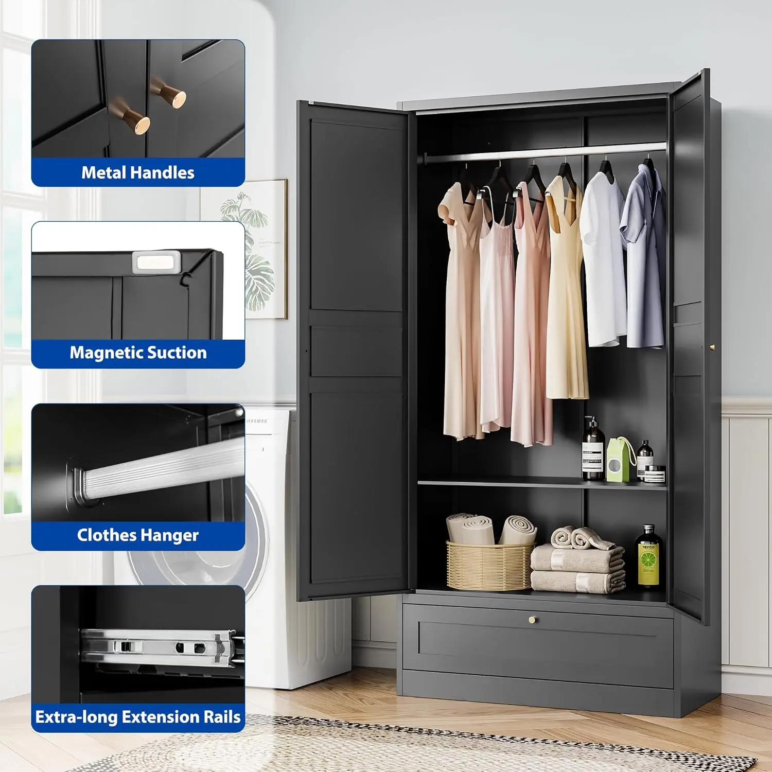 Metal Armoire Wardrobe Closet with 2 Doors 72''Wardrobe Cabinet with Drawers & Hanging Rail Metal Closet with Adjustable Shelves 5