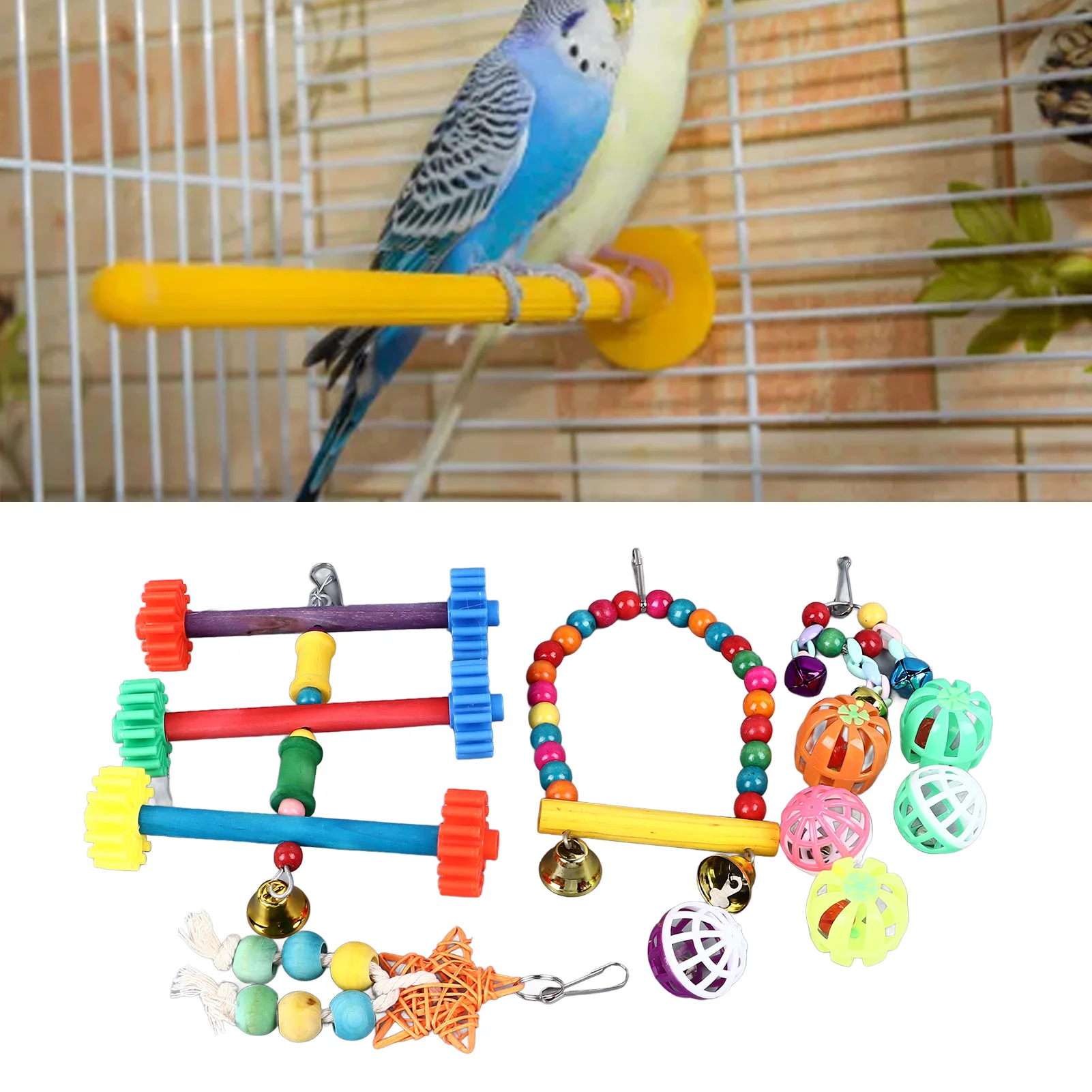 

Bird Toy Set Colorful Climbing Chewing Swing Bell String Ball Parrot Cage Toys For Parakeet Cockatiel