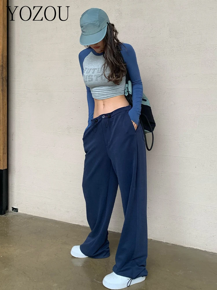 

[YOZOU] мешковатые брюки с широкими штанинами, женские черные спортивные брюки для женщин, Корейская уличная одежда, Y2k, брюки Gorpcore, однотонные брюки
