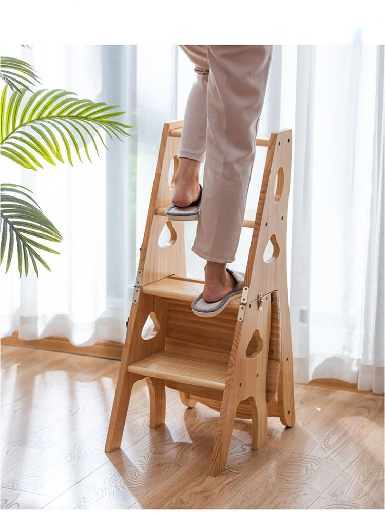 Solid Wood Ladder Chair Home Multi-functional Folding Chair Dual-use Ladder Stool Indoor Climbing Stairs 4-step Climbing Ladder