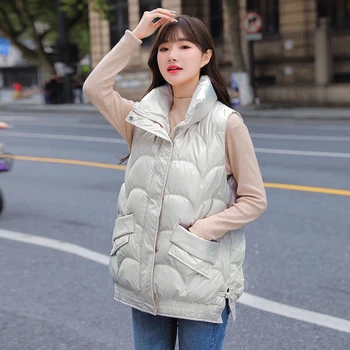 2022 Autumn Winter Korean Loose Women's Vest Down Cotton Bright  Fabric Wearing Warm Vest Girl Outdoor Student 1