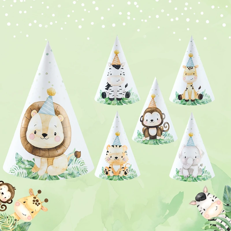 Description Picture 6 of item6pcs/lot New Lovely cartoon Jungle Lion Theme Party Paper Caps Cartoon Animal Party Hats For Kids Birthday Party Supplies