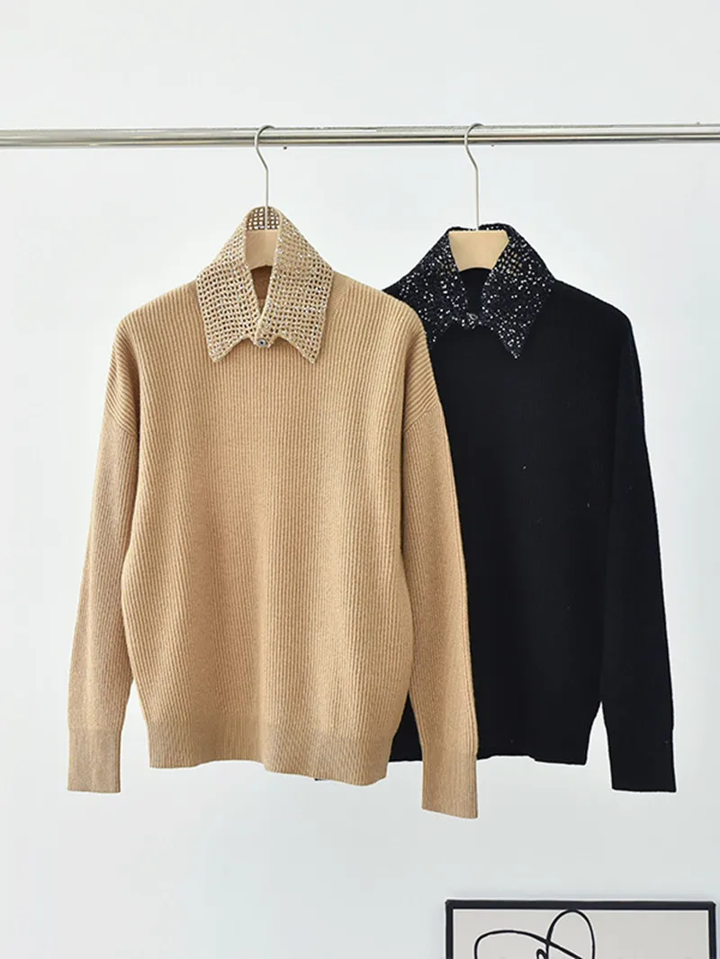 

Women's 100% Cashmere Sweater Autumn and Winter Detachable Sequin Turn-Down Collar Female Solid Long Sleeve Knitted Pullover