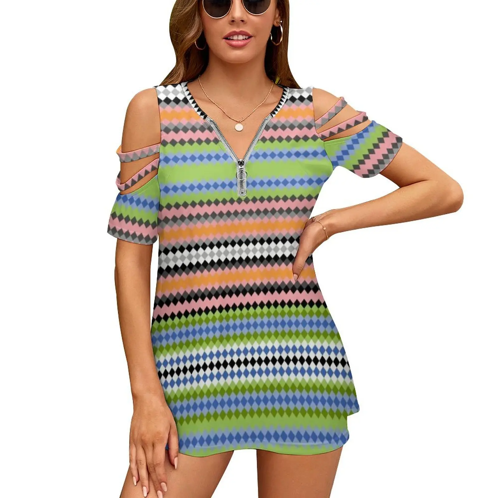 Mamma Mia Poncho New Fashion Zip Off Spalla Top Manica Corta Camicia Donna Mama Mia Poncho Zig Zag Tribal Boho Festival Diamond
