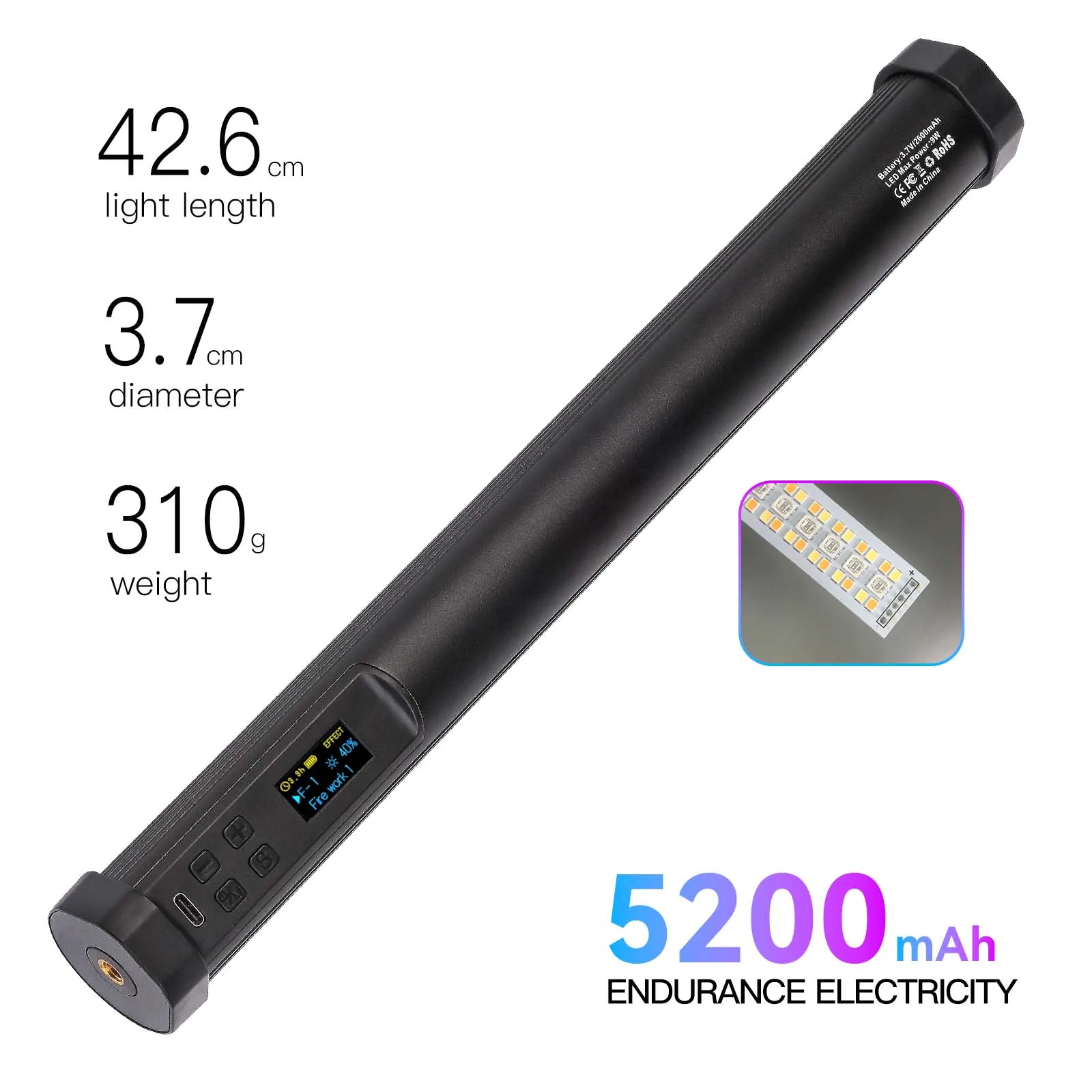 RGB 휴대용 LED 비디오 지팡이 스틱 사진 조명, 충전식 배터리 내장, 9 가지 색상