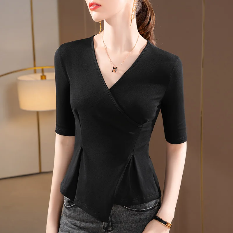 

HIgh Quality 2024 Women Tops Splice Wrinkle Spring Summer T- Shirt Female Clothing Sexy Crop Top Clothes Casual Blouse Y2k Girl