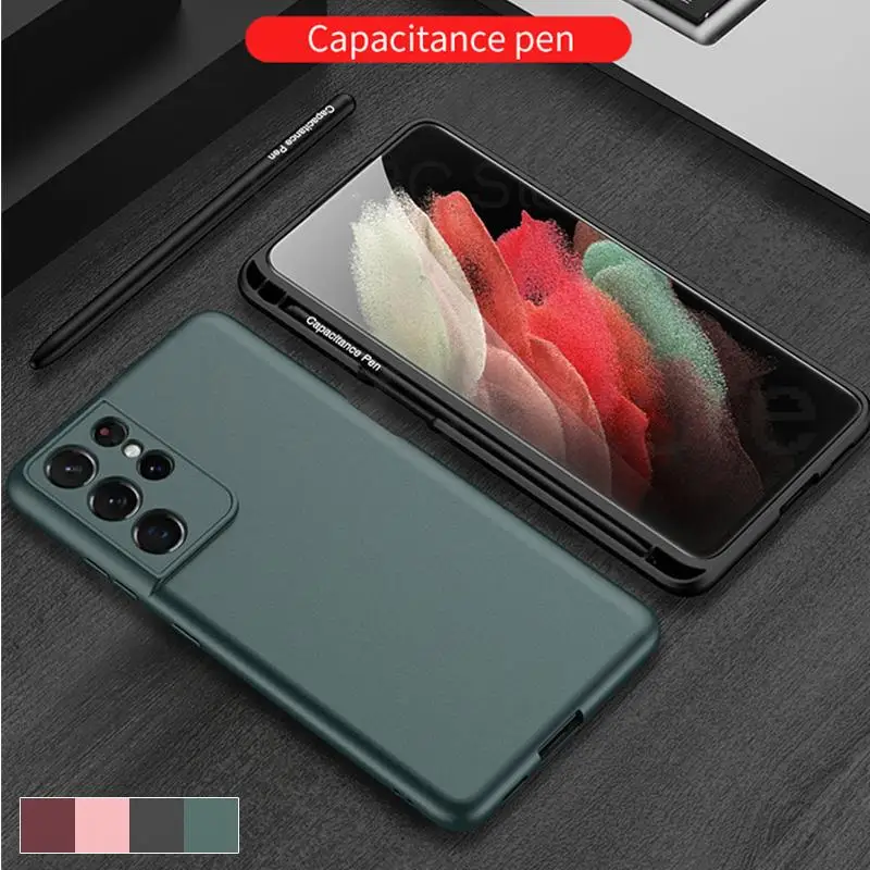 

For Samsung S22 Ultra 5G Stylus Socket S-Pen Slot Holder Phone Case For Galaxy S21FE S22 Plus Soft Silicone Matte Cover with Pen