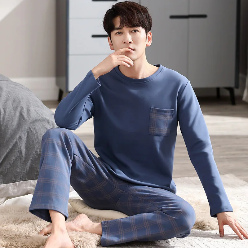 L-4XL Man Pajama Set Spring Autumn New Cotton Long Sleeve Sleepwear for Man Big Size Pullover Homewear Minimalist Boy Loungewear