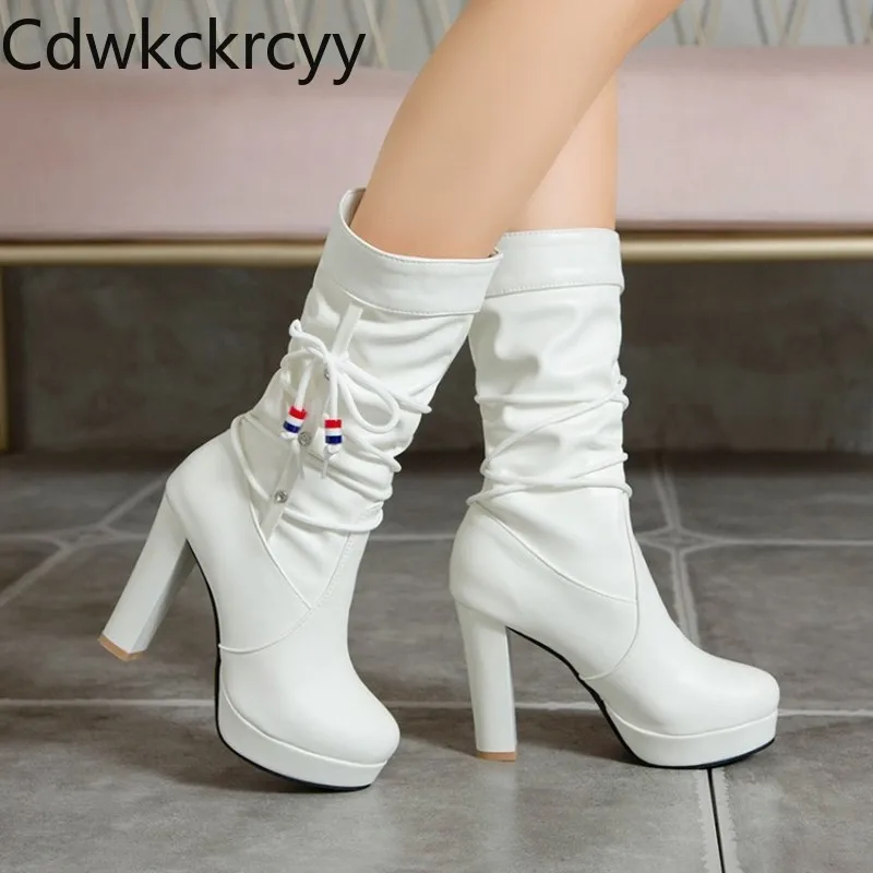 

winter The New fashion Round head Thick bottom High heels boots black white Pink sweet High heels Women boots size 34-43