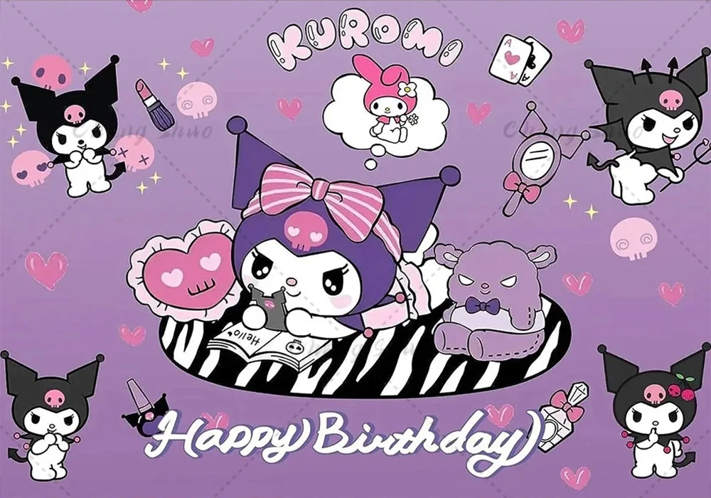 thumbnail image 1 of Telones de fondo para fiesta temática de Sanrio Kuromi, decoración de feliz cumpleaños para niñas y niños, fondo de fotografía, pancarta de utilería personalizada para baby shower, 1 of 5