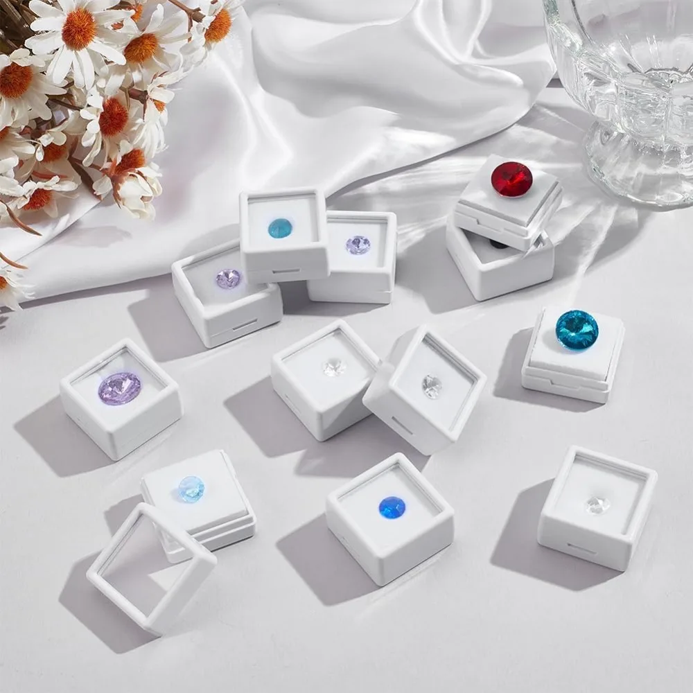 Gemstone Display Boxes White Plastic Square Jewelry Display Lids and Sponge for Bare Stone Naked Diamond 12 Pcs 1.2x1.2x0.6 Inch