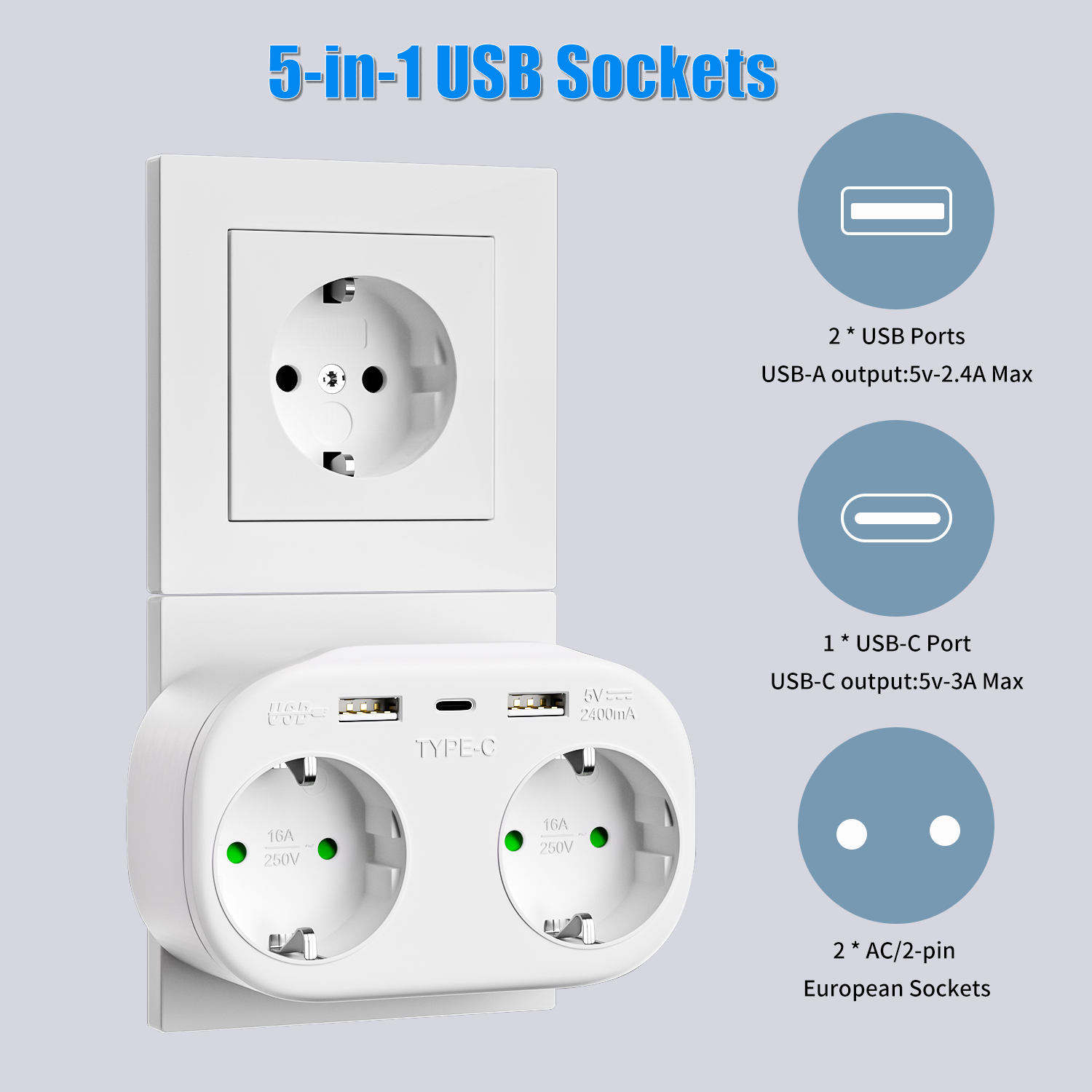 USB Socket EU Electrical Outlets Converter, Double Plug Schuko Germany DE Standard Wall Plate European Power Adapter White