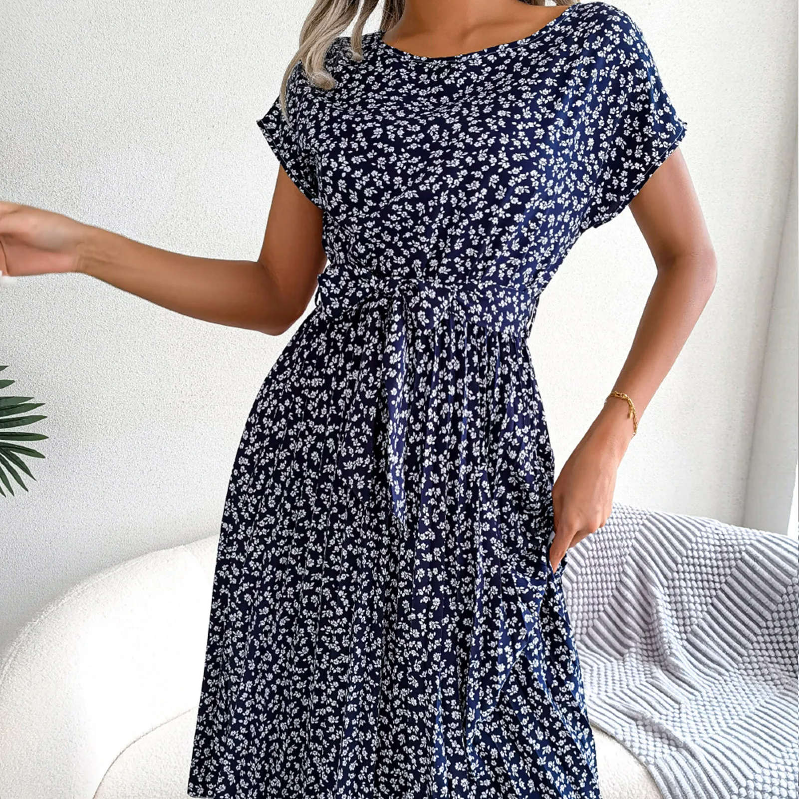 

Spring Summer Floral Print Vestidos Crewneck Short Sleeve Dress Lace-up Large Swing Fashion Exquisite Pleated for Cocktail Party