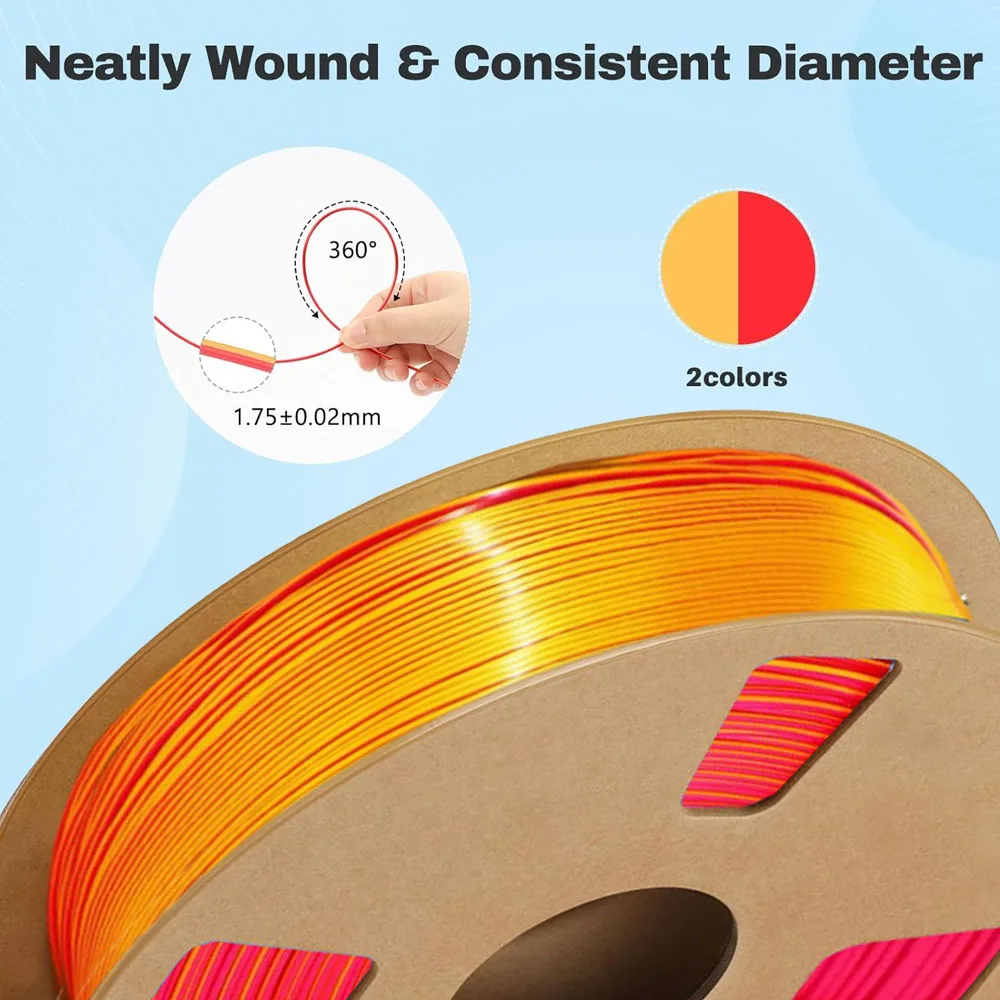1.75mm 듀얼 컬러 실크 PLA 필라멘트, ±0.02mm 정밀도, 메탈릭 광택 질감, 200/250/500/1000g, 4색 세트