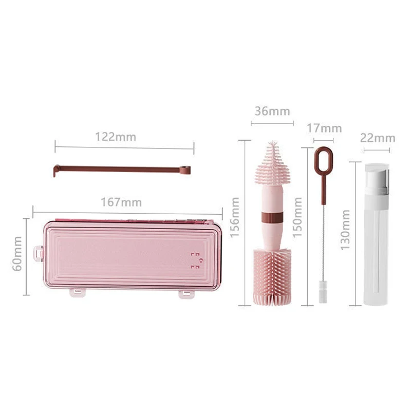 Kit per la pulizia dei biberon da 6 pezzi Set di spazzole per la pulizia dei biberon in silicone da viaggio portatile con stendino pieghevole e scatola di immagazzinaggio - immagine 5