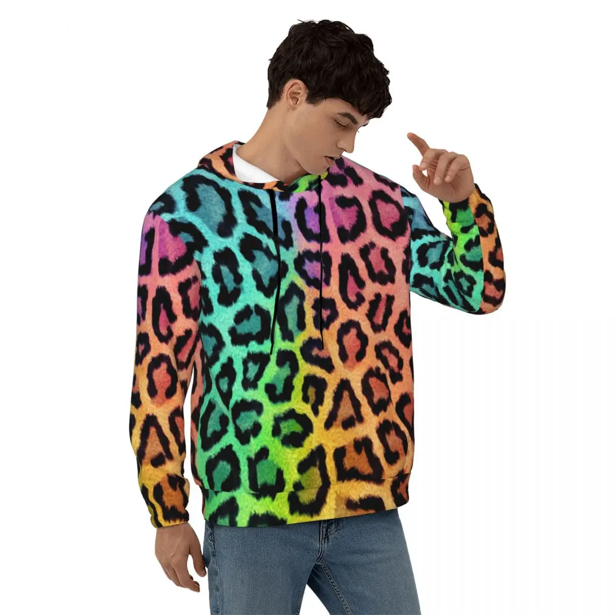 

Rainbow Leopard Print Casual Hoodies Animal Skin Art y2k Cool Warm Sweatshirts Winter Street Fashion Oversized Pullover Hoodie