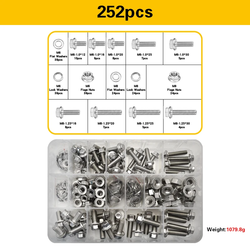 M6 M8 304 Stainless Steel Flange Hex Bolts and Nut Set Metric Thread Outer hexagon Screw with Flat & Lock Washers Assortment Kit