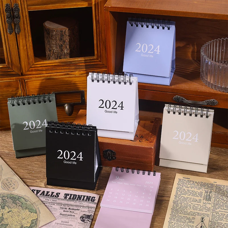 2023-2024 New Simple Solid Color Ins Mini Desktop Paper Desk Note Calendar Dual Daily Scheduler Table Planner Office Decorations