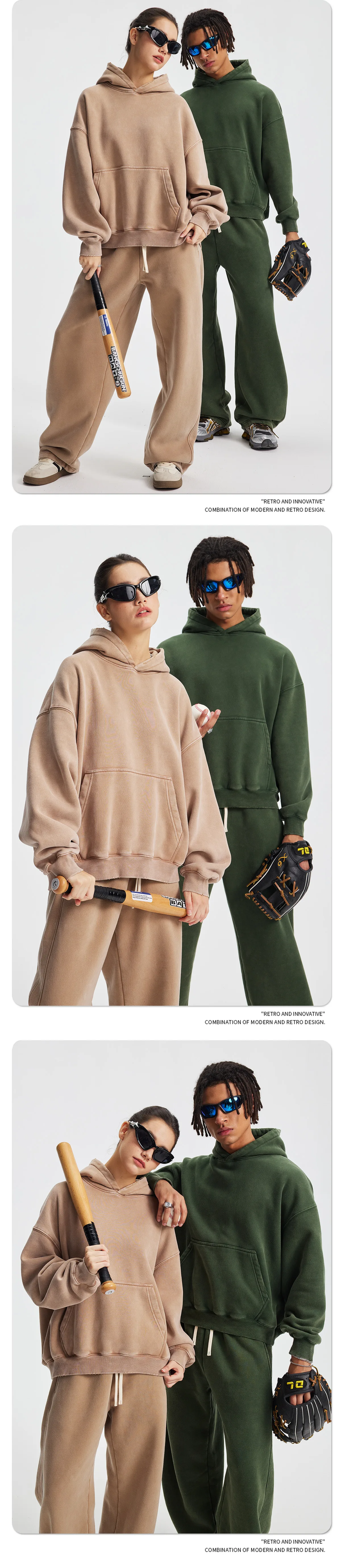 Custom LOGO men's new short BOXY version 370G heavy fleece worn old hooded sweater scimitar wide leg trousers couple suit