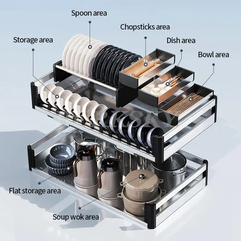 Pulling Kitchen Cabinet Basket Two-layer drawer-type Aluminum Alloy Deepening Cabinet With Bowls Chopsticks Dishe Storage Basket