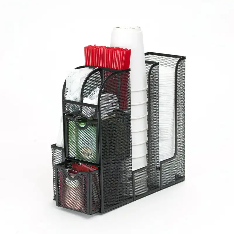 

Condiment and Accessories Caddy Organizer, for Coffee Cups, Stirrers, Snacks, Sugars, etc., Black Mesh Can lid cover Kitchen org