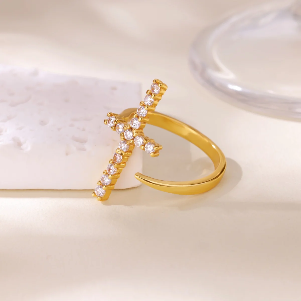 Luxury Zircon Cross Rings For Women Stainless Steel Crystal