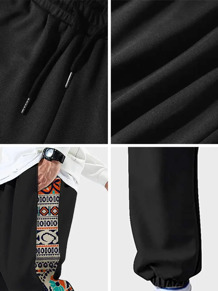 Wide Leg Sweatpants Fashion Casual Men Vintage Geometric Pattern Long Side Printing Drawstring S-2XL